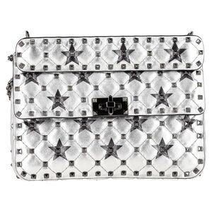 Valentino Garavani Medium Star Rockstud Spike Shoulder Bag in Silver Lambskin